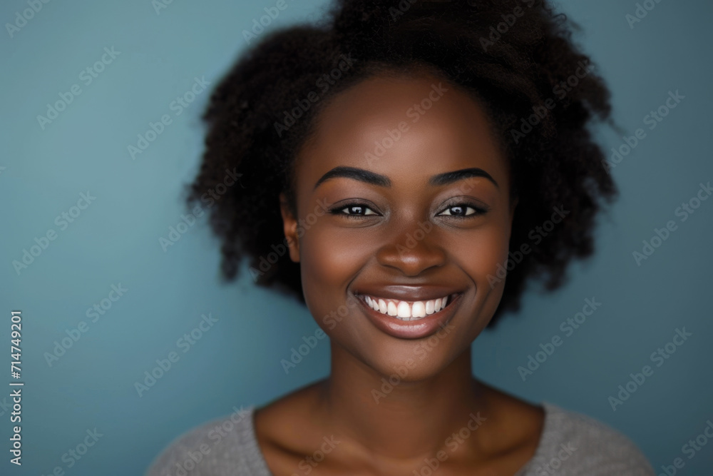 A close up of a woman 's face with a blue background A close up of a woman 's face with a blue background
