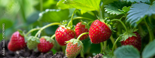 Strawberries growing in the garden  selective focus. Generative AI 