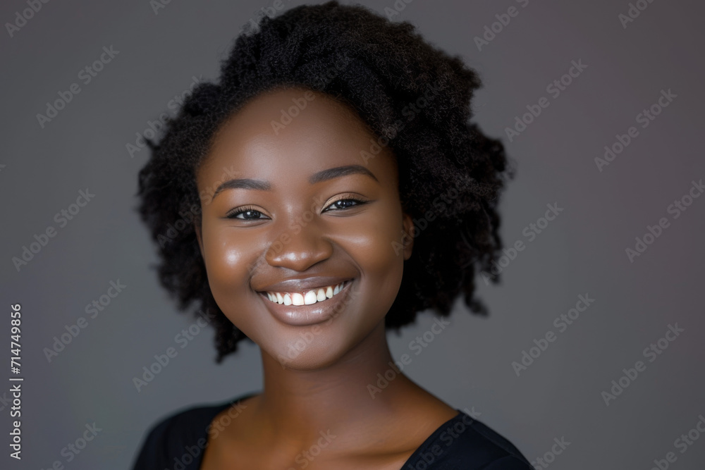 A woman with curly hair is smiling and wearing a black shirt A woman with curly hair is smiling and wearing a black shirt
