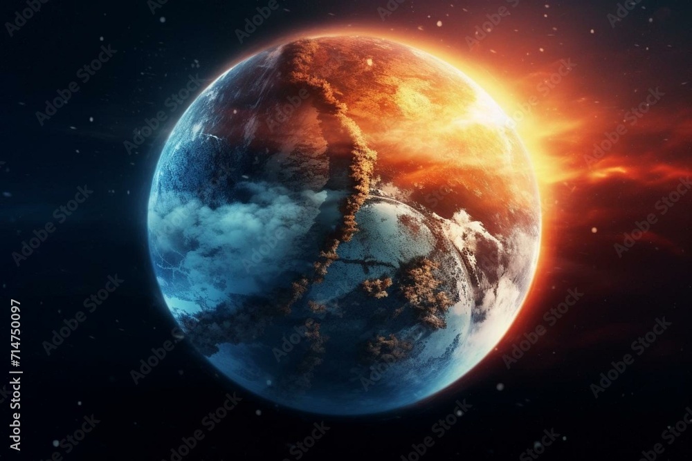Planet with polar weather contrast and extreme climate, symbolizing climate change and technology. Generative AI - obrazy, fototapety, plakaty 