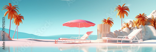 Tropical vacation concept banner. Relax beach scene with two lounge chairs under a pink umbrella, flanked by golden palm trees and turquoise water