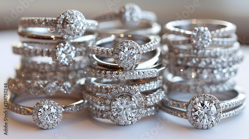 Cluster stack of diamond wedding engagment rings isolated on white background. generative ai photo
