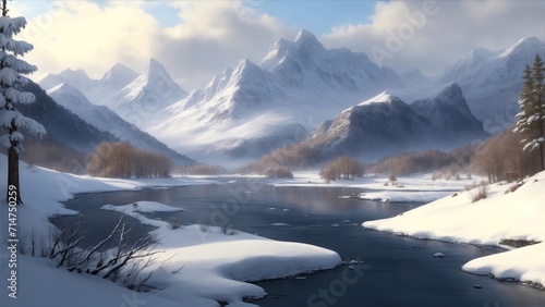 A winter snow scene with a river and mountains in the background