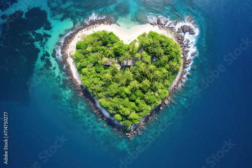 Aerial view of heart-shaped tropical island with lush greenery and pristine beaches, romantic vacation paradise, love travel concept.