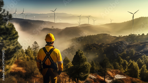 16:9 or 9:16 engineer Standing on top of a wind turbine looking at a wind turbine generating electricity on another mountain peak.