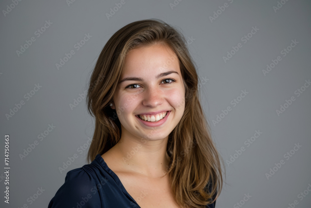 Fototapeta premium A woman in a blue shirt smiles for the camera