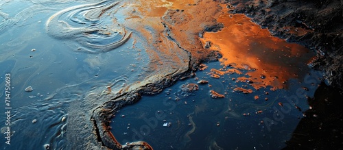 Oil spill near damaged oil tank, color photo.