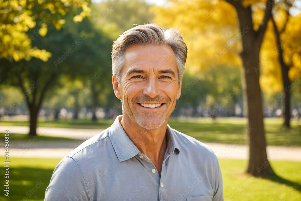 Smiling handsome mature man walking in a park Smiling handsome mature man walking in a park