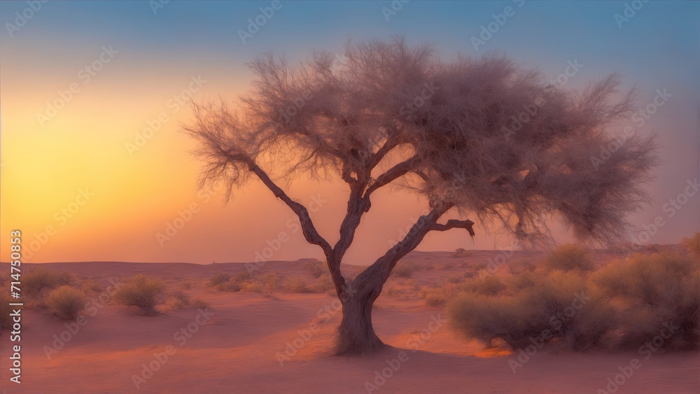 In the golden light of dawn, alone tree stands at the desert In the golden light of dawn, alone tree stands at the desert