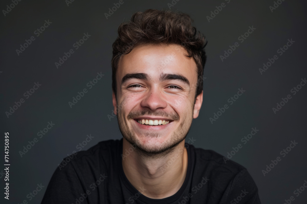 A young man with a beard is smiling and wearing a black shirt