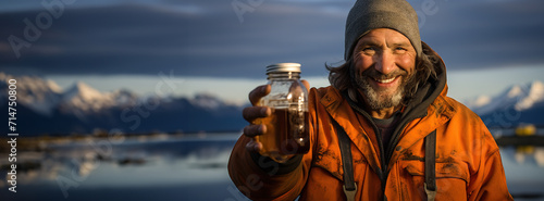 middleaged man in work clothes in Alaska holds a jar of discovered petroleum, energy resources and minerals of Earth