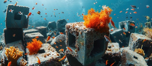 Marine life and bright orange sponge covering artificial reef made of concrete blocks. photo