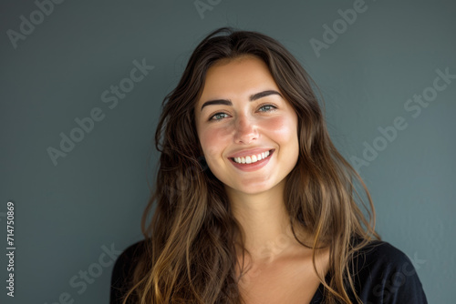 A woman with long hair is smiling and wearing a black shirt