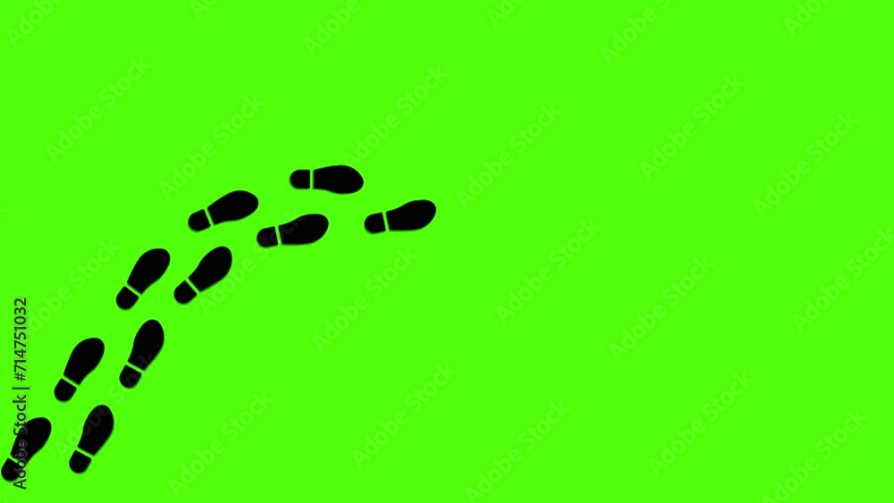 Trail of footprints on green screen background. Black silhouettes of footprints. Steps tracing the human path. Human journey of the footsteps. Step by step. Trail of footprints on green screen background. Black silhouettes of footprints. Steps tracing the human path. Human journey of the footsteps. Step by step.
