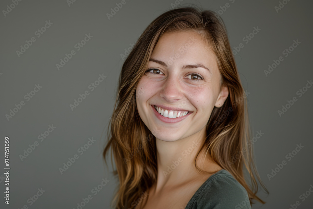Fototapeta premium A woman with long brown hair is smiling for the camera