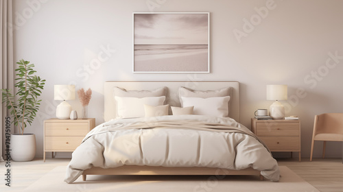 Chambre    coucher  plan sur un lit de couleurs claires et   pur  es  dans les tons blanc et beige. Drap  oreiller  couverture. D  corations  lumi  res douces. Pour conception et cr  ation graphique. 