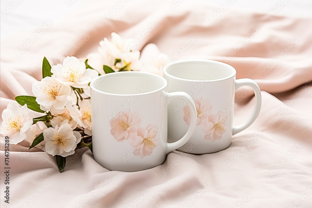 two mugs with flowers and flowers lying on a warm white cover,copu space white mockup template two mugs with flowers and flowers lying on a warm white cover,copu space white mockup template