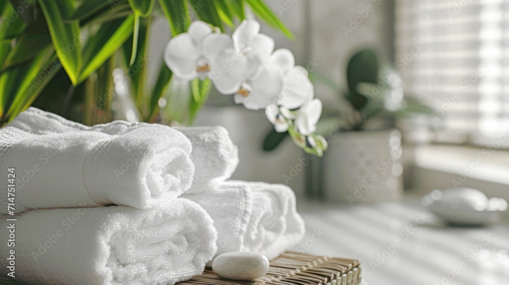 white folded towels on a light background with flowers in a spa, an atmosphere of calm and relaxation