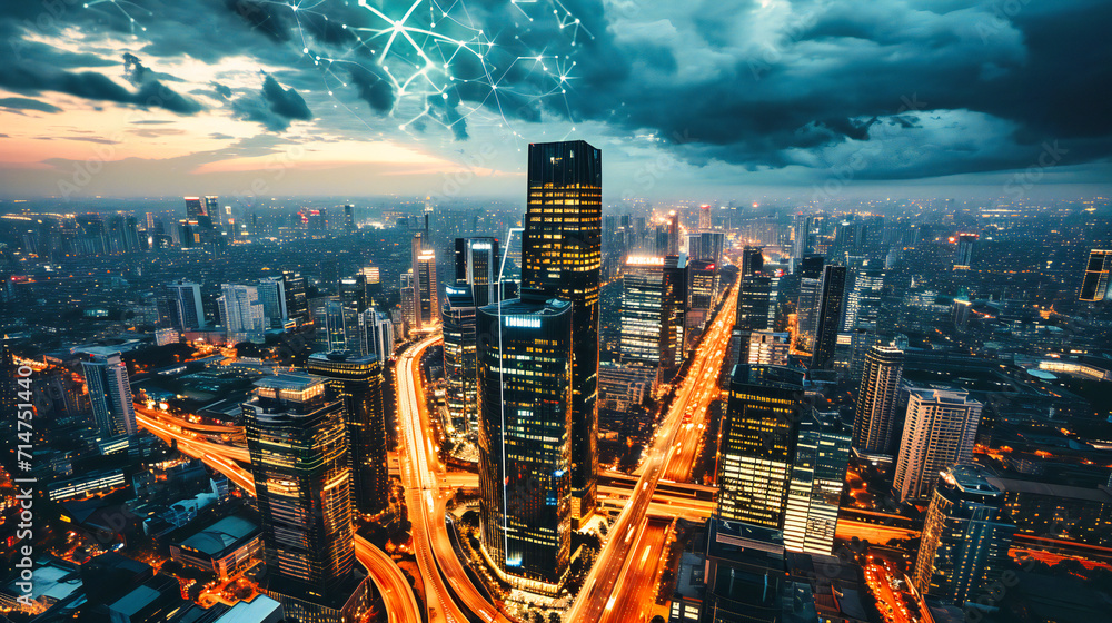 Obraz premium Futuristic city skyline with digital elements, representing global connectivity and technological progress.