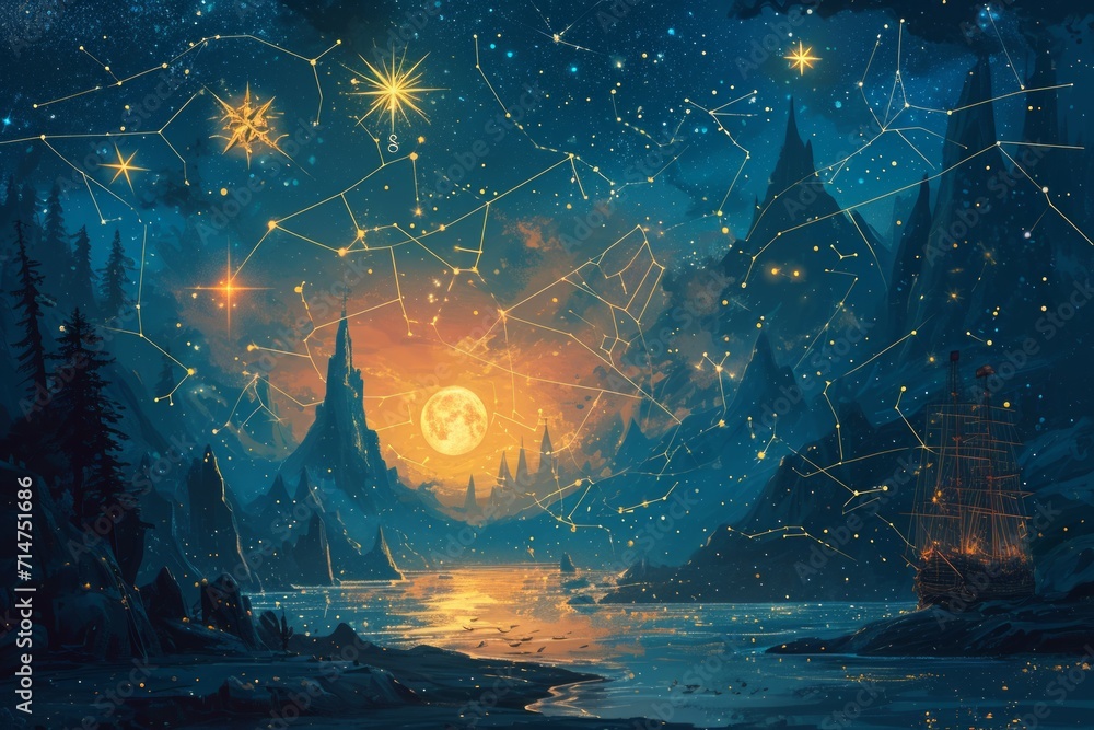 Obraz premium Mysterious star maps, guiding adventurers to uncharted realms - Generative AI
