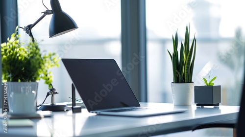laptop stands on a table with plants in a bright modern office, minimalist style. open vacancy. concept of job search and freelancing