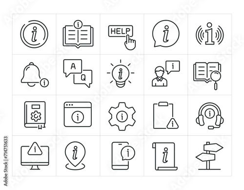 
Information simple minimal thin line icons. Related guide, instruction, manual, guidebook. Editable stroke. Vector illustration.