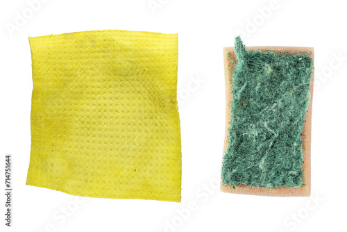 Used scrub cleaning sponge and kitchen sponge cloth isolated photo