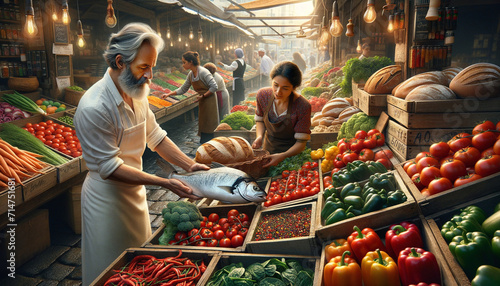 Bustling marketplace atmosphere with vendors selling fresh fruits, vegetables, and fish photo