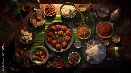 A table filled with various traditional dishes such as Nasi Lemak, Murtabak, and Ayam Percik, all prepared for a hearty Ramadan meal