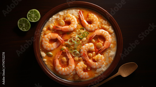A bowl of Malaysian bubur pedas, a spicy porridge made with rice and seafood, a popular dish during ramadan