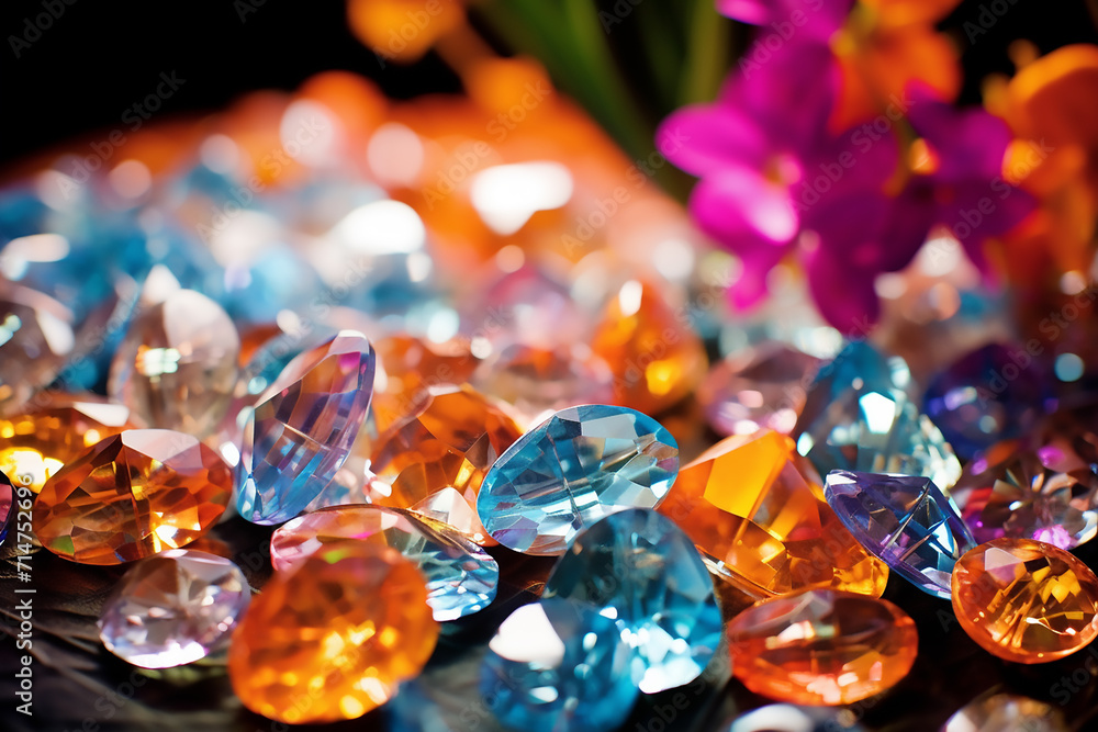 Multi-colored glass pebbles glow in the dark with bright saturated colors. Close-up. Multi-colored faceted glass stones Multi-colored glass pebbles glow in the dark with bright saturated colors. Close-up. Multi-colored faceted glass stones