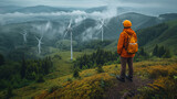 16:9 or 9:16 engineer  Standing on top of a wind turbine looking at a wind turbine generating electricity on another mountain peak.