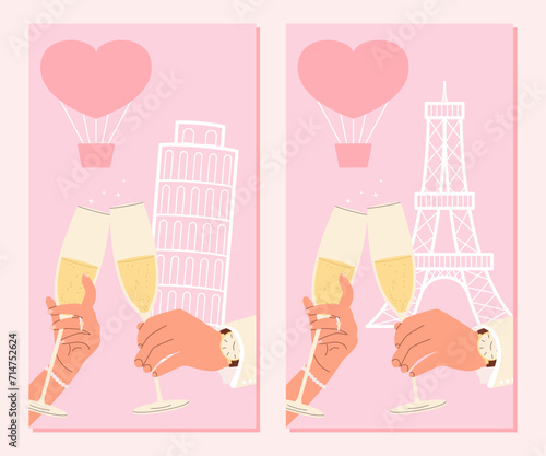 Romantic wedding travel card. Newlyweds with glasses of wine. Love couple travel on holiday
