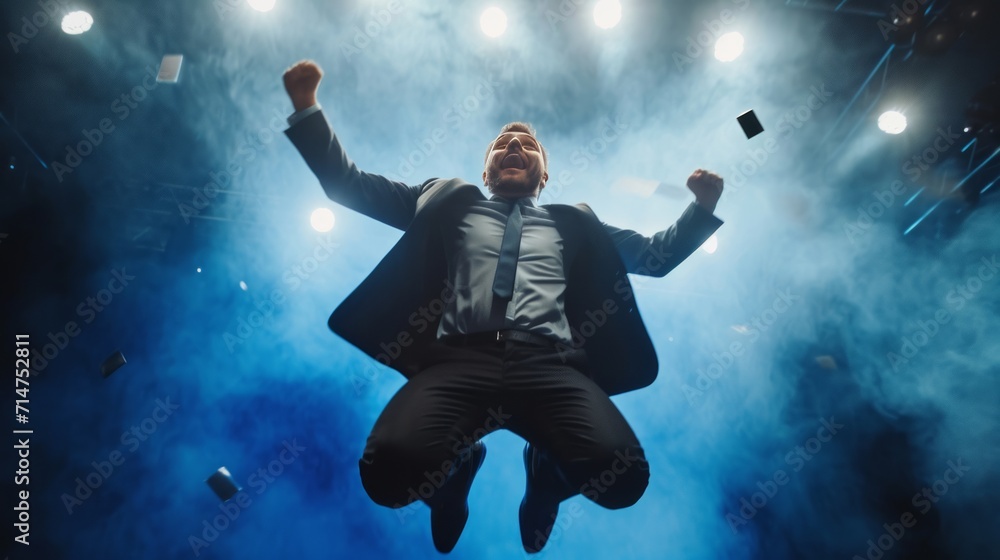 Energetic Businessman Leaping in Suit, Mid-Air Jump Photo