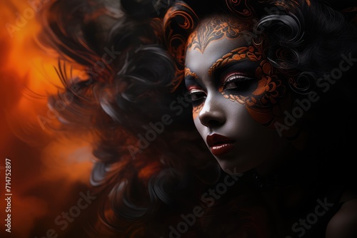 Beautiful woman in black carnival mask with smoke on dark background. abstract background March 3: Bali's Day of Silence (Nyepi)