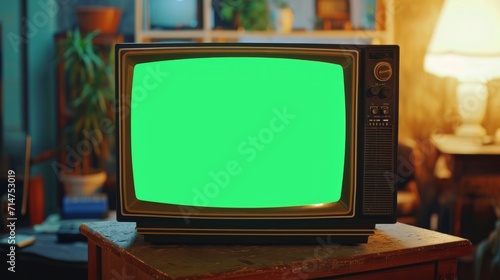 Vintage Television With Green Screen in Living Room