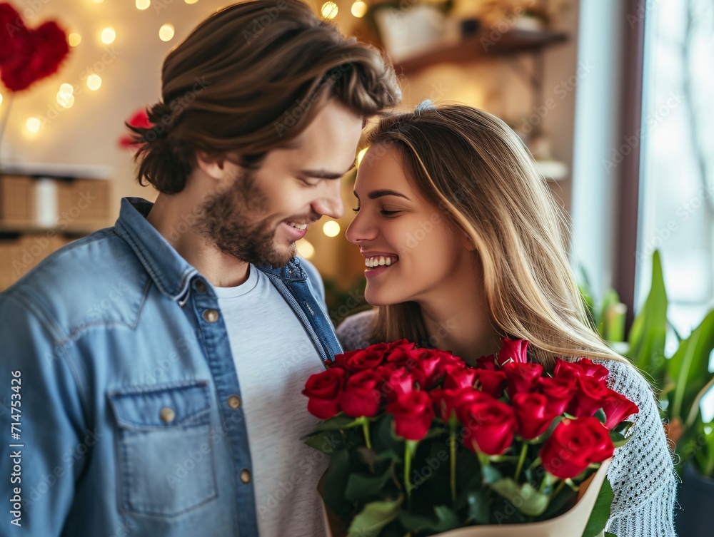 Generated AI. A young man surprising his wife with a bunch of Rose flowers at home for Valentine day. Generated AI. A young man surprising his wife with a bunch of Rose flowers at home for Valentine day.