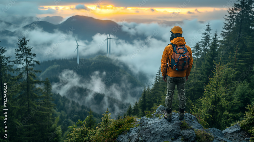 16:9 or 9:16 engineer  Standing on top of a wind turbine looking at a wind turbine generating electricity on another mountain peak.