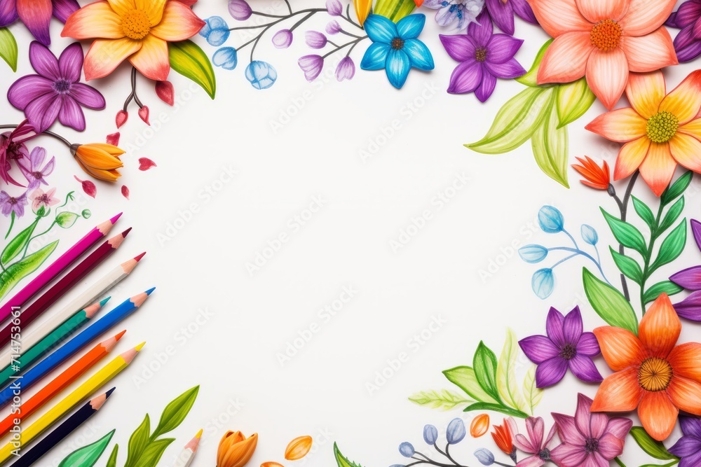 Fototapeta premium Vibrant Hand-Drawn Floral Border With Colored Pencils on White Background