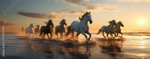Horses running on the beach at amazing sunset.