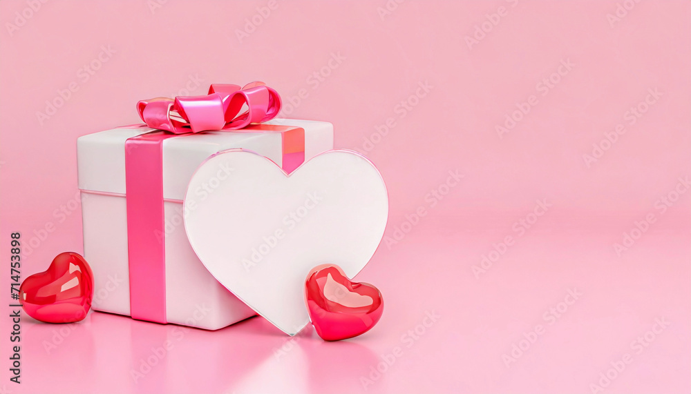 Gift box with ribbon and heart shape card mockup. Valentine's day holiday romantic banner with copy space