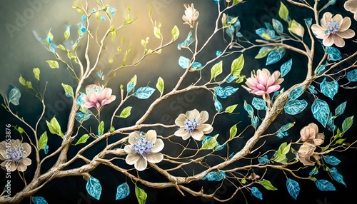 tree with flowers.a highly detailed digital illustration of intricate intertwined flowers and branches. Pay attention to the delicate details of each element, creating a visually captivating and ornat photo