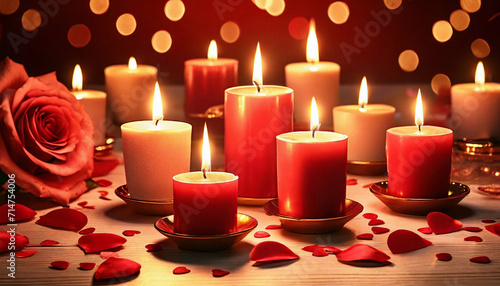 Burning candles and rose petals. Romantic background with flower  candlelight and bokeh. Valentine s day holiday