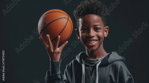 A cheerful young basketball player skillfully holds a ball in his hand in a dark studio.