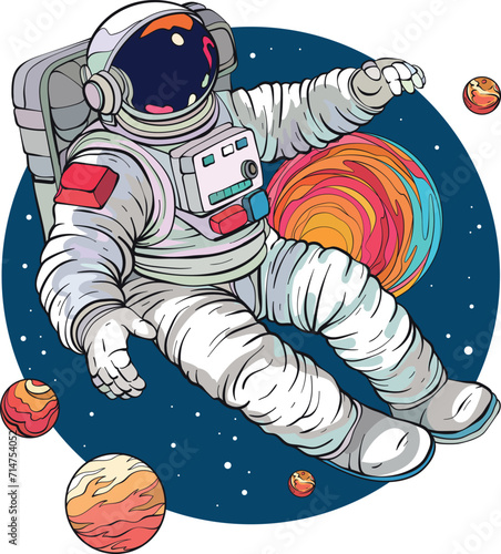 Astronaut in a space suit is flying against space