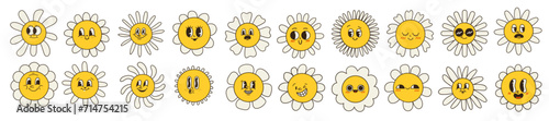 Collection of magnificent chamomile flowers. Retro daisy smiles in cartoon style. Set of happy 70s stickers. Vector graphic illustration in hippe style.