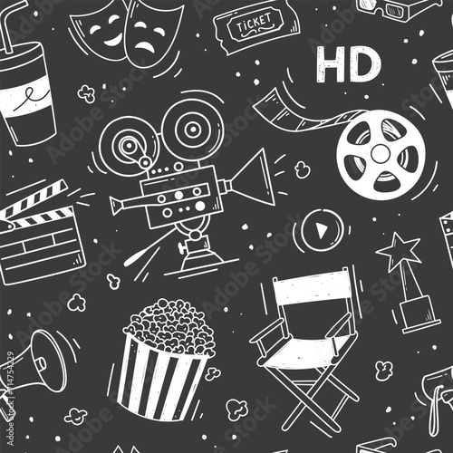 movie pattern on a black background in doodle style
