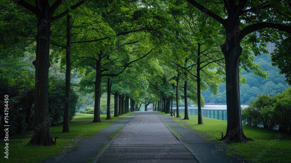 a nature inspired walking pathway road surrounded by trees near water