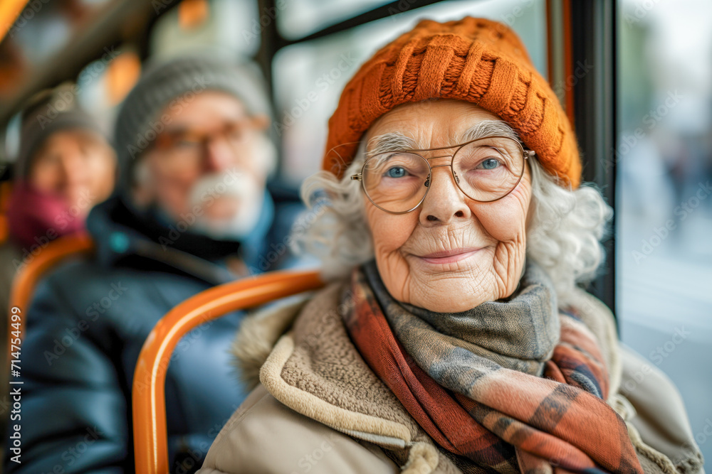 Portrait of an old Lady Sitting on a Bus Wearing Glasses . Caucasian Old Woman Getting Public Transport. Lifestyle Concept.