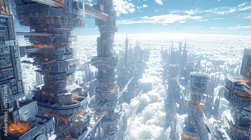 an illustration sketch of a future city concept, modular cubism buildings in city up above sky. Futuristic architecture structure. Floating city
